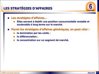 © ERPI, tous droits réservés. 11
Diapositive
6
CHAPITRE
LES STRATÉGIES D’AFFAIRES
 Les stratégies d’affaires…
 Elles servent à établir une position concurrentielle rentable et
soutenable à long terme sur le marché.
 Parmi les stratégies d’affaires génériques, on peut citer :
 la domination par les coûts ;
 la différenciation ;
 la concentration sur un segment de marché.
 