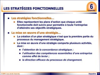 © ERPI, tous droits réservés. 13
Diapositive
6
CHAPITRE
LES STRATÉGIES FONCTIONNELLES
 Les stratégies fonctionnelles…
 Elles représentent les plans d’action que chaque unité
fonctionnelle doit suivre pour permettre à toute l’entreprise
d’atteindre ses objectifs stratégiques.
 La mise en œuvre d’une stratégie…
 La création d’un plan stratégique n’est que la première partie du
processus du management stratégique.
 La mise en œuvre d’une stratégie comporte plusieurs activités,
dont :
 l’obtention de la concordance stratégique ;
 l’utilisation des compétences essentielles d’une entreprise
comme effet de levier ;
 la direction efficace du processus de changement.
 