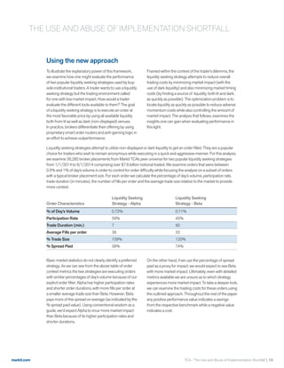 markit.com
Using the new approach
To illustrate the explanatory power of this framework,
we examine how one might evaluate the performance
of two popular liquidity seeking strategies used by buy-
side institutional traders. A trader wants to use a liquidity
seeking strategy but the trading environment called
for one with low market impact. How would a trader
evaluate the different tools available to them? The goal
of a liquidity seeking strategy is to execute an order at
the most favorable price by using all available liquidity
both from lit as well as dark (non-displayed) venues.
In practice, brokers differentiate their offering by using
proprietary smart order routers and anti-gaming logic in
an effort to achieve outperformance.
Framed within the context of the trader’s dilemma, the
liquidity seeking strategy attempts to reduce overall
trading costs by minimizing market impact (with the
use of dark liquidity) and also minimizing market timing
costs (by finding a source of liquidity, both lit and dark,
as quickly as possible). The optimization problem is to
locate liquidity as quickly as possible to reduce adverse
momentum costs while also controlling the amount of
market impact. The analysis that follows, examines the
insights one can gain when evaluating performance in
this light.
Liquidity seeking strategies attempt to utilize non-displayed or dark liquidity to get an order filled. They are a popular
choice for traders who wish to remain anonymous while executing in a quick and aggressive manner. For this analysis,
we examine 26,285 broker placements from Markit TCA’s peer universe for two popular liquidity seeking strategies
from 1/1/2014 to 9/1/2014 comprising over $7.8 billion notional traded. We examine orders that were between
0.5% and 1% of day’s volume in order to control for order difficulty while focusing the analysis on a subset of orders
with a typical broker placement size. For each order we calculate the percentage of day’s volume, participation rate,
trade duration (in minutes), the number of fills per order and the average trade size relative to the market to provide
more context.
Order Characteristics
Liquidity Seeking
Strategy - Alpha
Liquidity Seeking
Strategy - Beta
% of Day’s Volume 0.72% 0.71%
Participation Rate 59% 45%
Trade Duration (min.) 7 40
Average Fills per order 39 33
% Trade Size 109% 120%
% Spread Paid 58% 74%
Basic market statistics do not clearly identify a preferred
strategy. As we can see from the above table of order
context metrics the two strategies are executing orders
with similar percentages of day’s volume because of our
explicit order filter. Alpha has higher participation rates
and shorter order durations, with more fills per order at
a smaller average trade size than Beta. However, Beta
pays more of the spread on average (as indicated by the
% spread paid value). Using conventional wisdom as a
guide, we’d expect Alpha to incur more market impact
than Beta because of its higher participation rates and
shorter durations.
On the other hand, if we use the percentage of spread
paid as a proxy for impact, we would expect to see Beta
with more market impact. Ultimately, even with detailed
metrics available we are unsure as to which strategy
experiences more market impact. To take a deeper look,
we can examine the trading costs for these orders using
the outlined approach. Throughout the rest of the paper
any positive performance value indicates a savings
from the respective benchmark while a negative value
indicates a cost.
THE USE AND ABUSE OF IMPLEMENTATION SHORTFALL
TCA - The Use and Abuse of Implementation Shortfall  10
 