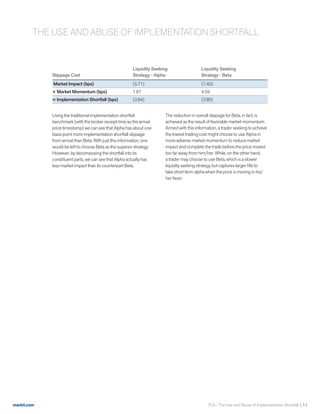 markit.com
Slippage Cost
Liquidity Seeking
Strategy - Alpha
Liquidity Seeking
Strategy - Beta
Market Impact (bps) (5.71) (7.40)
+ Market Momentum (bps) 1.87 4.59
= Implementation Shortfall (bps) (3.84) (2.80)
Using the traditional implementation shortfall
benchmark (with the broker receipt time as the arrival
price timestamp) we can see that Alpha has about one
basis point more implementation shortfall slippage
from arrival than Beta. With just this information, one
would be left to choose Beta as the superior strategy.
However, by decomposing the shortfall into its
constituent parts, we can see that Alpha actually has
less market impact than its counterpart Beta.
The reduction in overall slippage for Beta, in fact, is
achieved as the result of favorable market momentum.
Armed with this information, a trader seeking to achieve
the lowest trading cost might choose to use Alpha in
more adverse market momentum to reduce market
impact and complete the trade before the price moved
too far away from him/her. While, on the other hand,
a trader may choose to use Beta, which is a slower
liquidity seeking strategy but captures larger fills to
take short term alpha when the price is moving in his/
her favor.
THE USE AND ABUSE OF IMPLEMENTATION SHORTFALL
TCA - The Use and Abuse of Implementation Shortfall  11
 
