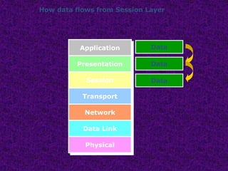 How data flows from Session Layer
Data
Data
Data
Application
Presentation
Session
Transport
Network
Data Link
Physical
 