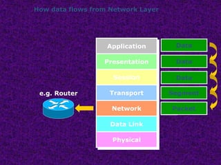 How data flows from Network Layer
Data
Data
Data
Segment
Segment
NH
e.g. Router
Packet
Application
Presentation
Session
Transport
Network
Data Link
Physical
 