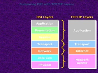 Application
Transport
Internet
Network
Access
Comparing OSI with TCP/IP Layers
OSI Layers TCP/IP Layers
Application
Presentation
Session
Transport
Network
Data Link
Physical
 