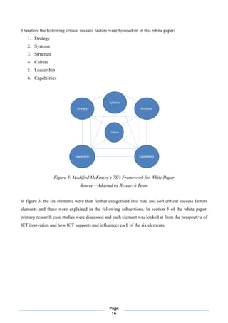Page
16
Therefore the following critical success factors were focused on in this white paper:
1. Strategy
2. Systems
3. Structure
4. Culture
5. Leadership
6. Capabilities
Figure 3: Modified McKinsey’s 7S’s Framework for White Paper
Source – Adapted by Research Team
In figure 3, the six elements were then further categorised into hard and soft critical success factors
elements and these were explained in the following subsections. In section 5 of the white paper,
primary research case studies were discussed and each element was looked at from the perspective of
ICT innovation and how ICT supports and influences each of the six elements.
 