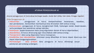 ATURAN PENGGUNAAN AI
Aturan penggunaan AI mencakup berbagai aspek, mulai dari etika, hak cipta, hingga regulasi.
Etika Penggunaan AI:
Inklusivitas: penggunaan Ai harus memperhatikan kesetaraan, keadilan,
dan perdamaian, memastikan manfaatnya bisa dirasakan oleh semua orang;
Kemanusiaan: penggunaan Ai harus menghormati HAM, hubungan sosial, kepercayaan,
serta pendapat dan pemikiran setiap individu;
Keamanan: aspek keamanan data yang digunakan dalam AI harus diperhatikan;
Aksesibilitas: AI harus dirancang agar bisa diakses oleh semua orang;
Transparansi: data yang digunakan harus transparan;
Kredibilitas dan Akuntabilitas: Informasi yang dihasilkan Ai harus dapat dipercaya dan
dapat dipertanggungjawabkan
Perlindungan data pribadi: data pengguna AI harus dilindungi sesuai
peraturan perundang-undangan.
 