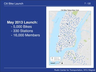 Rudin Center for Transportation, NYU Wagner 
7 / 22 
May 2013 Launch: 
- 5,000 Bikes 
- 330 Stations 
- 16,000 Members 
Citi Bike Launch 
 