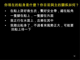 在船上穿好救生衣，繫好安全帶，縮在船角 一隻腳在船上，一隻腳在外面 我正行在水面上，且樂在其中 我踏出船身了，不過看來風勢正大，可能要  回船上待一下 你現在的船身是什麼？你目前與主的關係如何？ 