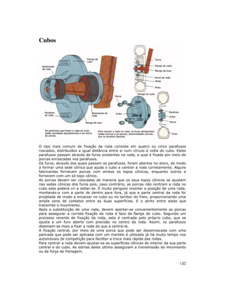 Cubos




O tipo mais comum de fixação da roda consiste em quatro ou cinco parafusos
roscados, distribuídos a igual distância entre si num círculo à volta do cubo. Estes
parafusos passam através de furos existentes na roda, a qual é fixada por meio de
porcas enroscadas nos parafusos.
Os furos, através dos quais passam os parafusos, foram abertos no disco, de modo
a formar uma sede cônica que ajuda o cubo a centrar a roda corretamente. Alguns
fabricantes fornecem porcas com ambos os topos cônicos, enquanto outros a
fornecem com um só topo cônico.
As porcas devem ser colocadas de maneira que os seus topos cônicos se ajustem
nas sedes cônicas dos furos pois, caso contrário, as porcas não centram a roda no
cubo esta poderá vir a soltar-se. É muito perigoso inverter a posição de uma roda,
montando-a com a parte de dentro para fora, já que a parte central da roda foi
projetada de modo a encaixar no cubo ou no tambor do freio, proporcionando uma
ampla zona de contatos entre as duas superfícies. E o atrito entre estas que
transmite o movimento.
Após a substituição de uma roda, devem apertar-se convenientemente as porcas
para assegurar a correta fixação da roda à face da flange do cubo. Segundo um
processo recente de fixação da roda, esta é centrada pelo próprio cubo, que se
ajusta a um furo aberto com precisão no centro da roda. Assim, os parafusos
destinam-se mais a fixar a roda do que a centrá-la.
A fixação central, por meio de uma porca que pode ser desenroscada com uma
pancada que pode ser aplicada com um martelo é utilizada já há muito tempo nos
automóveis de competição para facilitar a troca mais rápida das rodas.
Para centrar a roda devem ajustar-se as superfícies cônicas do interior da sua parte
central e do cubo. As estrias deste último asseguram a transmissão do movimento
ou da força de frenagem.


                                                                                150
 