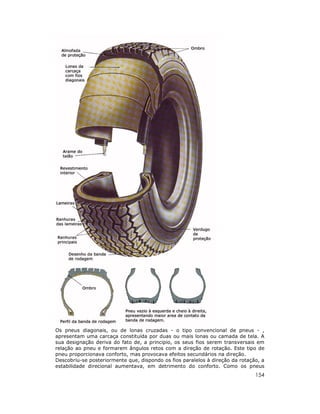 Os pneus diagonais, ou de lonas cruzadas - o tipo convencional de pneus - ,
apresentam uma carcaça constituída por duas ou mais lonas ou camada de tela. A
sua designação deriva do fato de, a principio, os seus fios serem transversais em
relação ao pneu e formarem ângulos retos com a direção de rotação. Este tipo de
pneu proporcionava conforto, mas provocava efeitos secundários na direção.
Descobriu-se posteriormente que, dispondo os fios paralelos à direção da rotação, a
estabilidade direcional aumentava, em detrimento do conforto. Como os pneus
                                                                               154
 