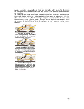 ruído e aumentar a suavidade, as molas são montadas sobre borracha. O sistema
de suspensão inclui ainda almofadadas dos bancos, que também protegem contra
as vibrações.
As dimensões das rodas constituem um fator importante para uma marcha suave.
Uma roda grande transporá a maioria das irregularidades do pavimento; contudo,
não é viável uma roda suficientemente grande para anular os efeitos de todas essas
irregularidades. Uma roda não deverá também ser tão pequena que caiba em todos
os buracos da superfície da faixa de rodagem o que resultaria numa marcha
irregular.




                                                                              162
 