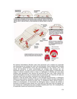 No sistema hidroelástico Moulton cada roda apresenta uma unidade de suspensão
que desempenha as funções de mola e de amortecedor. Essa unidade está montada
na carroceria, apresentando numa das extremidades do seu interior uma mola
cônica de borracha. A outra extremidade da unidade está fechada por um
diafragma flexível, no meio do qual se encontra um pistão ligado à suspensão das
rodas. A câmara existente entre a mola e o diafragma é dividida por uma placa
metálica que apresenta uma válvula de borracha de duas vias. Cada câmara da
frente está ligada à de trás, do mesmo lado do automóvel, por meio de um tubo; as
câmaras, bem como os tubos, encontram-se cheias de líquido.
Quando a roda da frente sobe, devido a uma elevação do pavimento, o diafragma
desloca-se para dentro, forçando o líquido a sair pelos orifícios da placa separadora
e a passar através da válvula de duas vias. A resistência desta válvula origina o
efeito no amortecedor. O movimento do diafragma reduz o volume da câmara e
aumenta a pressão ao fazer passar por uma parte do óleo pelo tubo de ligação, do
que resulta ser o diafragma da outra unidade impelido para fora. Em consequência,
a suspensão traseira do automóvel é levantada.

                                                                                 174
 