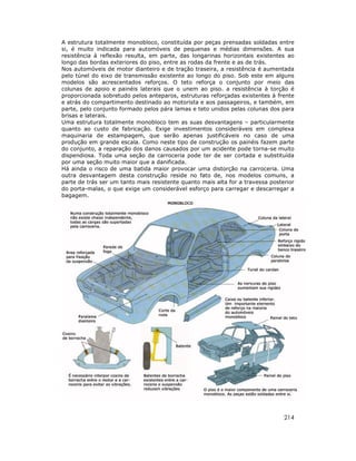 A estrutura totalmente monobloco, constituída por peças prensadas soldadas entre
si, é muito indicada para automóveis de pequenas e médias dimensões. A sua
resistência à reflexão resulta, em parte, das longarinas horizontais existentes ao
longo das bordas exteriores do piso, entre as rodas da frente e as de trás.
Nos automóveis de motor dianteiro e de tração traseira, a resistência é aumentada
pelo túnel do eixo de transmissão existente ao longo do piso. Sob este em alguns
modelos são acrescentados reforços. O teto reforça o conjunto por meio das
colunas de apoio e painéis laterais que o unem ao piso. a resistência à torção é
proporcionada sobretudo pelos anteparos, estruturas reforçadas existentes à frente
e atrás do compartimento destinado ao motorista e aos passageiros, e também, em
parte, pelo conjunto formado pelos pára lamas e teto unidos pelas colunas dos para
brisas e laterais.
Uma estrutura totalmente monobloco tem as suas desvantagens – particularmente
quanto ao custo de fabricação. Exige investimentos consideráveis em complexa
maquinaria de estampagem, que serão apenas justificáveis no caso de uma
produção em grande escala. Como neste tipo de construção os painéis fazem parte
do conjunto, a reparação dos danos causados por um acidente pode torna-se muito
dispendiosa. Toda uma seção da carroceria pode ter de ser cortada e substituída
por uma seção muito maior que a danificada.
Há ainda o risco de uma batida maior provocar uma distorção na carroceria. Uma
outra desvantagem desta construção reside no fato de, nos modelos comuns, a
parte de trás ser um tanto mais resistente quanto mais alta for a travessa posterior
do porta-malas, o que exige um considerável esforço para carregar e descarregar a
bagagem.




                                                                                214
 