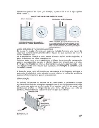 denominada pressão do vapor (por exemplo, a pressão de 5 bar a água apenas
ferve a 152°C).




VAPOR SATURADO E VAPOR SUPERAQUECIDO
Se a água for levada a fervura num recipiente fechado, forma-se uma nuvem de
vapor que aumenta continuamente sobre o liquido até que a pressão do vapor é
igual à pressão da água.
Se a temperatura começar a subir, depois de todo o liquido se ter evaporado, o
vapor é designado por vapor superaquecido.
Todos os gases como o ar, o oxigênio ou o dióxido de carbono são efetivamente
vapores superaquecidos, ou seja, já não tem ligação com o liquido que os produz.
O refrigerante utilizado nos sistemas de ar condicionado,é um vapor saturado – tem
uma ligação direta com o liquido que o produziu.EVAPORAÇÃO E CONDENSAÇÃO
DO REFRIGERANTE

A água não serve como refrigerante nos sistemas de ar condicionado visto que o
seu ponto de ebulição é muito elevado, mesmo a baixas pressões não se obteria
qualquer efeito refrigerante quando se evaporasse.

CONDENSAÇÃO

No circuito refrigerante do sistema de ar condicionado, o refrigerante gasoso
previamente comprimido e aquecido, passa através de um condensador constituído
pôr numerosas aletas de arrefecimento. O ar exterior mais frio ao passar pelo
condensador arrefece o refrigerante de uma forma tão brusca que este se
condensa. O calor libertado é absorvido e levado para o ar exterior.




EVAPORAÇÃO
                                                                              227
 