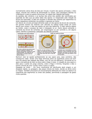 normalmente vários litros de óleo por minuto. A partir dos apoios principais, o óleo
segue, através dos orifícios de alimentação ou canais, para passagens abertas no
virabrequim e para os apoios (bronzinas, ou capas) das cabeças das bielas.
As paredes dos cilindros e as buchas dos pinos dos pistões são lubrificados por
aspersão de óleo que sai pelos lados dos apoios e é dispersado pela rotação da
árvore de manivelas. O óleo em excesso é retirado dos cilindros por segmentos ou
aneis raspadores existentes nos pistões e regressa ao Carter.
Um desvio do circuito principal alimenta cada um dos apoios da árvore de comando.
Em grande número de motores com válvulas na cabeça existe ainda um outro
desvio que conduz o óleo aos apoios do eixo dos balancins. O óleo retorna depois
ao Carter, onde o excesso de calor é dissipado no ar. Outro desvio alimenta o
comando da árvore de comando, por engrenagens ou por corrente e, em alguns
casos, lubrifica e pressiona o esticador da referida corrente.




Nenhum eixo se ajusta perfeitamente ao seu apoio pois, caso contrário, não
conseguiria rodar. Existe uma folga diminuta entre as superfícies (cerca de 0,07
mm nos apoios das cabeças das bielas, com 50 mm de diâmetro), formando-se no
apoio uma película de óleo na área onde a folga é maior. A rotação do eixo aspira o
óleo para o ponto de carga máxima, onde a folga é mínima, forçando o óleo a
tomar a forma de uma “cunha” entre o eixo e o apoio.
Desgaste do motor – Um fluxo insuficiente de lubrificante dará origem a um
desgaste rápido, ou gripagem, das peças móveis do motor, devido ao atrito entre
os metais. Também provocará um funcionamento deficiente do motor ao destruir as
superfícies dos segmentos ou anéis dos pistões, permitindo a passagem de gases
muito quentes.




                                                                                 82
 