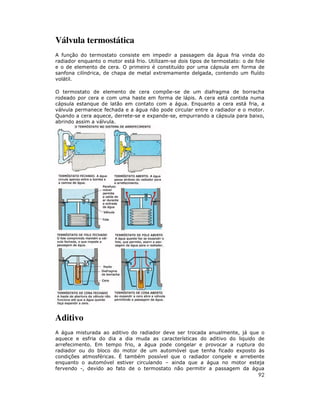 Válvula termostática
A função do termostato consiste em impedir a passagem da água fria vinda do
radiador enquanto o motor está frio. Utilizam-se dois tipos de termostato: o de fole
e o de elemento de cera. O primeiro é constituído por uma cápsula em forma de
sanfona cilíndrica, de chapa de metal extremamente delgada, contendo um fluído
volátil.

O termostato de elemento de cera compõe-se de um diafragma de borracha
rodeado por cera e com uma haste em forma de lápis. A cera está contida numa
cápsula estanque de latão em contato com a água. Enquanto a cera está fria, a
válvula permanece fechada e a água não pode circular entre o radiador e o motor.
Quando a cera aquece, derrete-se e expande-se, empurrando a cápsula para baixo,
abrindo assim a válvula.




Aditivo
A água misturada ao aditivo do radiador deve ser trocada anualmente, já que o
aquece e esfria do dia a dia muda as características do aditivo do liquido de
arrefecimento. Em tempo frio, a água pode congelar e provocar a ruptura do
radiador ou do bloco do motor de um automóvel que tenha ficado exposto às
condições atmosféricas. É também possível que o radiador congele e arrebente
enquanto o automóvel estiver circulando – ainda que a água no motor esteja
fervendo -, devido ao fato de o termostato não permitir a passagem da água
                                                                                 92
 
