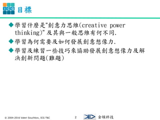 ? 2004-2016 Valeri Souchkov, ICG T&C 2
I C G
DƼ
Ŀ
?WʲNǡ˼S(creative power
thinking) cһ˼Sкβͬ.
?WҪΰlչ.
?WһЩɁflչ
Q}(y})
 