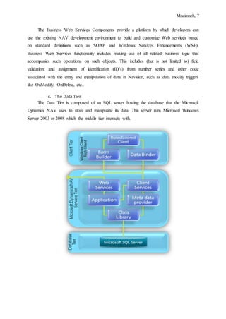 Mneimneh, 7
The Business Web Services Components provide a platform by which developers can
use the existing NAV development environment to build and customize Web services based
on standard definitions such as SOAP and Windows Services Enhancements (WSE).
Business Web Services functionality includes making use of all related business logic that
accompanies such operations on such objects. This includes (but is not limited to) field
validation, and assignment of identification (ID’s) from number series and other code
associated with the entry and manipulation of data in Navision, such as data modify triggers
like OnModify, OnDelete, etc..
c. The Data Tier
The Data Tier is composed of an SQL server hosting the database that the Microsoft
Dynamics NAV uses to store and manipulate its data. This server runs Microsoft Windows
Server 2003 or 2008 which the middle tier interacts with.
 