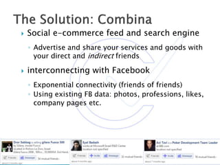  Social e-commerce feed and search engine
◦ Advertise and share your services and goods with
your direct and indirect friends
 interconnecting with Facebook
◦ Exponential connectivity (friends of friends)
◦ Using existing FB data: photos, professions, likes,
company pages etc.
 