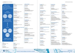52 | diretório empresas e profissionais diretório global das tic | 53
Premier ICT market intelligence and advisory company www.facebook.com/IDC.Portugal
www.idc.com
GMVIS SKYSOFT
Av. D. João II nº 43 Torre Fernão de Magalhães 7º
1998-025 Lisboa
Tel: 213 829 366
mail@gmv.com
www.gmv.com
Atividades Base
Serviços de TI; Software
Soluções Disponibilizadas
Data Center Infraestructure; Data Management
& Integration; Mobile & Wireless; Security
Go Wireless
Cacia Park Rua do Progresso, Lote 15
3800-639 Aveiro
Tel: 234 947 955
geral@gowireless.pt
www.gowireless.pt
Atividades Base
Equipamento de Comunicação
GO4MOBILITY
Rua Fradesso da Silveira n˚4 – 3˚B
1300-609 Lisboa
Tel: 210 337 760
www.go4mobility.com
Atividades Base
Serviços de Comunicações
Soluções Disponibilizadas
Mobile & Wireless
GONKSYS
Av. da Boavista, 3265 - 3.5 | Edifício Oceanus
4100-137 Porto
Tel: 223 217 500
geral@gonksys.com
www.gonksys.com
Atividades Base
Equipamento de Comunicação; Equipamento de TI;
Serviços de Comunicações; Serviços de TI
Soluções Disponibilizadas
Contact Centers; Data Center Infraestructure; Data
Management & Integration; IT Outsourcing; Mobile
& Wireless; Security; Unified Comm. & IP Telephony
Good to Know - PC Conserto
Rua 1 de Junho nº 8
2445 - 272 Alcobaça
Tel: 707 310 312
geral@good-to-know.pt
www.good-to-know.pt
Atividades Base
Equipamento de TI; Serviços de TI; Software
Glintt
Beloura Office Park - Ed.10 - Quinta da Beloura
2710-693 Sintra
Tel: 219 100 200
info@glintt.com
www.glintt.com
Atividades Base
Serviços de TI
Globalprint
Alfrapark – Edifício F, Piso 0 – Sul, Estrada
de Alfragide, n.º 67, Alfragide
2610-008 Amadora
Tel: 211 982 264
geral@iccglobalprint.com
www.iccglobalprint.com
Atividades Base
Equipamento de TI; Serviços de TI
Soluções Disponibilizadas
Business Process Management; IT Outsourcing
Globaltronic
Apartado 401, Raso de Paredes
3750-909 Águeda
Tel: 234 612 687
geral@globaltronic.pt
www.globaltronic.pt
Atividades Base
Electrónica; Equipamento de Comunicação;
Equipamento de TI
Glose - Global Systems Engineering
Lagoas Park - Edifício 1 - Piso 1
2740 - 264 Porto Salvo
Tel: 218 061 992
geral@glose.pt
www.gloseworld.com
Atividades Base
Serviços de TI; Software
Soluções Disponibilizadas
Cloud Computing (AaaS); ERP & Business Apps;
Mobile & Wireless
GMCS
Palácio Foz - Praça dos Restauradores
1250-187 Lisboa
Tel: 213 221 200
geral@gmcs.pt
www.gmcs.pt
Atividades Base
Media
GMtel
Rua Sousa Lopes Lote IJ - Escr.B
1600-207 Lisboa
Tel: 217 613 470
info@gmtel.pt
www.gmtel.pt
Atividades Base
Equipamento de Comunicação; Equipamento de TI;
Serviços de TI
BREVES
Ampliar a periferia inteligente:
As organizações que não possuírem uma
estratégia e infraestrutura IoT serão como
os indivíduos que funcionam sem a maioria
dos cinco sentidos.
DUPLICARprovocando o desenvolvimento
de mais de 200 mil aplicações e soluções
TRIPLICARe as aplicações vão ultrapassar as 250 mil
EM 2018
o número de equipamentos
Internet of Things (IoT) vai
EM 2020
Gisp
Rua Ivone Silva, nº 6 - 8º Esq.º
1050-124 Lisboa
Tel: 217 811 900
info@gsoft.tv
www.gsoft.tv
Atividades Base
Media; Serviços de TI; Software
Google
Torre Picasso. Pza. Ruiz Picasso, 1.
28020 Madrid
Tel: 917 486 400
www.google.es
Atividades Base
Equipamento de TI
Grau de Consenso
Rua Cruz de Pedra, 96 - Sala 31
4700-219 Braga
Tel: 253 218 385
geral@graudeconsenso.com
www.graudeconsenso.com
Atividades Base
Equipamento de Comunicação; Equipamento de TI;
Software
Greenleaf
Rua Afonso Praça, 30 - 7º Piso
1495-061 Algés
Tel: 211 215 032
geral@greenleaf.com.pt
www.greenleaf.com.pt
Atividades Base
Serviços de TI
Soluções Disponibilizadas
eCommerce e Web; IT Outsourcing; Marketing Digital
e CRM
Greenwich Consulting Portugal
Rua Castilho, 44 - 10º
1250-071 Lisboa
Tel: 213 909 220
catarina.goncalves@greenwich-consulting.com
www.greenwich-consulting.com
Atividades Base
Media; Serviços de Comunicações; Serviços de TI
Grenke Renting
Av. D. João II, Lote 1.17.03 - 4º A
1998-026 Lisboa
Tel: 218 934 140
service@grenke.pt
www.grenke.pt
Atividades Base
Equipamento de TI; Software
Growtrade
Av. S. Miguel, 249 Escr. 57
2775-751 Carcavelos
Tel: 214 021 643
geral@growtrade.pt
www.growtrade.pt
Atividades Base
Serviços de TI; Software
Grupo Cortec
Av. Helen Keller, 15 C
1400-197 Lisboa
Tel: 210 121 500
geral@cortec.pt
www.cortec.pt
Atividades Base
Equipamento de Comunicação; Serviços
de Comunicações; Serviços de TI
Grupo Infosistema
Ed. Atlas II, Av. José Gomes Ferreira 11, S34
1495-139 Algés
Tel: 214 139 860
recruit@infosistema.com
www.infosistema.com/grupo-infosistema
Atividades Base
Serviços de TI; Software
Soluções Disponibilizadas
Big Data & Analytics; BPO; Business Process
Management;Cloud Computing (AaaS); Cloud
Computing (PaaS);Data Management & Integration;
ERP & Business Apps; IT Outsourcing;Marketing
Digital e CRM; Security
Grupo Media Capital
Rua Mário Castelhano nº 40
2734-502 Barcarena
Tel: 214 347 500
sec.administracao@mediacapital.pt
www.mediacapital.pt
Atividades Base
Media
Grupo SOFT
Praceta Soeiro Pereira Gomes n.º 5
2720-519 Amadora
Tel: 214 908 170
dmq@gruposoft.com
www.gruposoft.com
Atividades Base
Serviços de TI; Software
Grupo Timestamp
Praça de Alvalade, nº6 11-Fte
1700-036 Lisboa
Tel: 213 504 870
timestamp@timestamp.pt
www.timestamp.pt
Atividades Base
Equipamento de TI; Serviços de TI; Software
Soluções Disponibilizadas
Big Data & Analytics; BPO; Business Process
Management; Cloud Computing (AaaS); Cloud
Computing (IaaS); Cloud Computing (PaaS); Data
Center Infraestructure; Data Management & Integration;
ERP & Business Apps; Marketing Digital e CRM
GrupoPIE
Rua Artur Aires, 100
4490-144 Póvoa de Varzim
Tel: 252 290 600
dn@grupopie.com
www.grupopie.com
Atividades Base
Serviços de TI; Software
GSTEP
Edifício Atlas I, Av. José Gomes Ferreira, nº9, sala 22
Miraflores,
1495-139 Oeiras
Tel: 218 077 880
geral@gstep.pt
www.gstep.pt
Atividades Base
Serviços de TI; Software
Soluções Disponibilizadas
Big Data & Analytics; IT Outsourcing
GTE
Rua Basílio Teles, 35 3º Dto
1070-020 Lisboa
Tel: 218 453 870
consultores@gte.pt
www.gte.pt
Atividades Base
Serviços de TI
Habber Tec
Av. Miguel Bombarda, 36, 3º F
1050-165 Lisboa
Tel: 210 108 870
vesteves@habber.com
www.habber.com
Atividades Base
Serviços de TI; Software
Soluções Disponibilizadas
Big Data & Analytics; Business Process Management;
Content Management; Data Management
& Integration; IT Outsourcing; Marketing Digital
e CRM; Risk Management & Compliance
HAKKENIT
Av. 5 de Outubro, 293 3º
1600-035 Lisboa
Tel: 217 983 106
geral@hakken.pt
www.hakken.pt
Atividades Base
Serviços de TI
Soluções Disponibilizadas
BPO; Content Management; Data Center
Infraestructure; Data Management & Integration; IT
Outsourcing; Risk Management & Compliance; Security
 