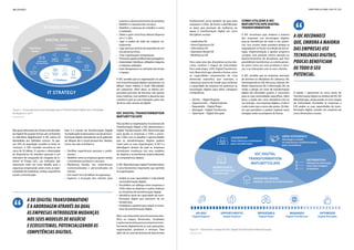 10 | Opinião diretório global das tic | 11
MasqualadimensãodoUniversodeIdentida-
de Digital? De quantas formas são conhecidos
os indivíduos digitalmente? A IDC estima 24
identidades por indivíduo comum. Se ape-
nas 35% da população mundial se inclui no
“comum”, o UID mundial encontra-se em
cerca de 55 biliões. O número e diversidade
de dispositivos de interface pessoais é um
indicador de vanguarda da chegada da In-
ternet of Things (IoT), um indicador que
representa todo um novo desafio para a
segurança empresarial, assim como as opor-
tunidades de marketing, vendas, experiência
social e comunicação.
Este é o mundo da Transformação Digital!
Asimplicaçõesempresariaisesociaisdatrans-
formação digital, estendendo-se do gabinete
da direção até à cloud pessoal dos clientes,
inclui, mas não se limitam a:
•	 Partilhar experiências pessoais e profis-
sionais;
•	 Redefinir como as empresas geram receita
e monetizam produtos e serviços;
•	 Marketing focado nas experiências
contextualizadas e personalizadas do
cliente;
•	 Um maior risco de falhas na segurança;
•	 Explorar a inovação dos clientes para
orientar o desenvolvimento de produto;
•	 Redefinir a natureza dos serviços;
•	 Redefinir a natureza do trabalho e como
é realizado;
•	 Obter e gerir uma força laboral dispersa
24 x 7 x 365;
•	 Ligar a cadeia de valor de negócio vir-
tualmente;
•	 Ligar pessoas através de experiências em
vez presença física;
•	 Criar organizações temporárias;
•	 Promover papéis profissionais passageiros;
•	 Automatizar interfaces utilizador-máquina
e máquina-utilizador;
•	 Fazer desaparecer as restrições de tempo
e espaço.
A IDC acredita que as organizações ou ade-
rem à transformação digital e prosperam, ou
falham nesta matéria e terão dificuldades
em sobreviver. Além disso, os líderes em-
presariais precisam de dominar não apenas
estas matérias, mas também a alquimia que
combina e gere as suas interações, para criar
de facto valor através do digital.
IDC Digital Transformation
MaturityScape
Para auxiliar as organizações no processo de
Transformação Digital, a IDC desenvolveu a
Digital Transformation (DX) MaturityScape
para ajudar as empresas e CXOs a perce-
ber e lidar com os desafios e oportunidades
que as transformações digitais podem
trazer para as suas organizações. A DX é a
abordagem através da qual as empresas
introduzem mudanças nos seus modelos
de negócio e ecossistemas, potencializando
as competências digitais.
A IDC MaturityScape Digital Transformation
é uma ferramenta importante que permite
às organizações:
•	 Avaliar as suas capacidades e maturidade
na transformação digital;
•	 Possibilitar um diálogo entre empresas e
CXOs sobre os objetivos e ações relativos
às iniciativas de transformação digital;
•	 Identificar áreas de capacidade de trans-
formação digital que precisem de ser
fortalecidas;
•	 Estabelecer padrões para seguir as inicia-
tivas de transformação digital.
Mais concretamente esta ferramenta iden-
tifica as etapas, dimensões, resultados
eaçõesnecessáriasparaasempresastrans-
formarem digitalmente as suas operações,
organizações, produtos e serviços. Para
além de ser uma ferramenta de benchmark
Figura I – Enquadramento da Estratégia para aTransformação Digital com a Estratégia
de Negócio e de TI
Fonte: IDC, 2015
A DX (DIGITAL TRANSFORMATION)
é a abordagem através da qual
as empresas introduzem mudanças
nos seus modelos de negócio
e ecossistemas, potencializando as
competências digitais.
3rd
Platform
Operating
Model
Product
& Services
Customer
Experience
BUSINESS STRATEGY
IT STRATEGY
DIGITAL STRATEGY
Next Gen
Security
Cloud Mobility
Big Data/
Analytics
Social
Business
Augmented
& Virtual Reality
Robotics
Internet
of Things
Cognitive
Systems
3D Printing
REPEATABLE
Digital Player
OPTIMIZED
Digital Disrupter
MANAGED
Digital Transformer
OPPORTUNISTIC
Digital Explorer
AD HOC
Digital Register
IDC DIGITAL
TRANSFORMATION
MATURITYSCAPE
OMNI-EXPERIENCE
Abordagem à criação
de experiências multidimensionais
para o ecossistema
WORKSOURCE
Gestão de talento para
a transformação
OPERATING MODEL
Agilidade e eficácia do modelo operativo
INFORMATION
Utilização da informação
como uma vantagem
competitiva
LEADERSHIP
Visão, liderança e investimento
para a transformação
fundamental, serve também de guia para
empresas e CXOs, de forma a identificarem
as áreas que precisam de melhorias no
apoio à transformação digital em cinco
disciplinas cruciais:
• Leadership DX
• Omni-Experience DX
• Information DX
• Operation Model DX
• WorkSource DX
Para cada uma das disciplinas acima des-
critas, existem 5 etapas de maturidade.
Para cada etapa, a IDC Digital Transforma-
tion MaturityScape aborda a forma como
as capacidades empresariais de uma
dimensão específica (por exemplo, a
Liderança) precisa de mudar para melhorar
a capacidade da empresa em potenciar as
tecnologias digitais para obter vantagens
competitivas.
•	 Ad Hoc – Digital Register
•	 Opportunistic – Digital Explorer
•	 Repeatable – Digital Player
•	 Managed – Digital Transformer
•	 Optimized – Digital Disrupter
Figura II – Dimensões e etapas do IDC Digital Transformation MaturityScape
Fonte: IDC, 2015
Como utilizar a IDC
MaturityScape Digital
Transformation
A IDC reconhece que, embora a maioria
das empresas use tecnologias digitais,
poucas beneficiam de todo o seu poten-
cial. Isso muitas vezes acontece porque as
organizações se focam na seleção da tecno-
logia, implementação e gestão projeto-a
-projeto, mas prestam menos atenção ao
desenvolvimento de disciplinas que lhes
possibilitam transformar-se continuamen-
te, assim como aos seus produtos e servi-
ços, e as interações com os seus clientes.
A IDC acredita que as empresas precisam
de dominar as disciplinas de Liderança DX,
Ominiexperiência DX, Recursos Laborais DX,
Modo Operacional DX e Informação DX, de
modo a atingir um nível de transformação
digital tão otimizado quanto o necessário
para as suas necessidades específicas. Além
disso, o poder das cinco disciplinas está na
sua sinergia - nas empresas digitais, o todo é
muito maior que a soma das partes. Os líde-
res que percebem e podem explorar essas
sinergias serão os prósperos do futuro.
a IDC reconhece
que, embora a maioria
das empresas use
tecnologias digitais,
poucas beneficiam
de todo o seu
potencial.
A tabela 1 representa os cinco níveis de
Transformação Digital no âmbito da IDC DX
MaturityScape, atravessando as cinco etapas
de maturidade. Possibilita às empresas e
CIO avaliar as suas capacidades de trans-
formação digital, usando um conjunto de
cinco dimensões cruciais.
 