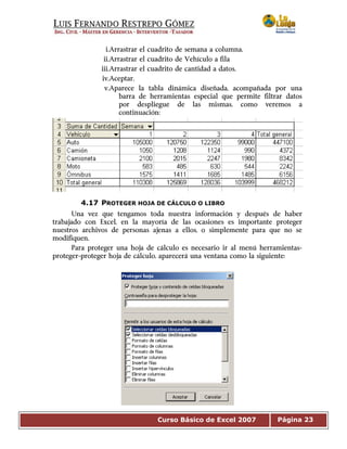 Curso Básico de Excel 2007 Página 23
i.Arrastrar el cuadrito de semana a columna.
ii.Arrastrar el cuadrito de Vehículo a fila
iii.Arrastrar el cuadrito de cantidad a datos.
iv.Aceptar.
v.Aparece la tabla dinámica diseñada, acompañada por una
barra de herramientas especial que permite filtrar datos
por despliegue de las mismas, como veremos a
continuación:
4.17 PROTEGER HOJA DE CÁLCULO O LIBRO
Una vez que tengamos toda nuestra información y después de haber
trabajado con Excel, en la mayoría de las ocasiones es importante proteger
nuestros archivos de personas ajenas a ellos, o simplemente para que no se
modifiquen.
Para proteger una hoja de cálculo es necesario ir al menú herramientas-
proteger-proteger hoja de cálculo, aparecerá una ventana como la siguiente:
 