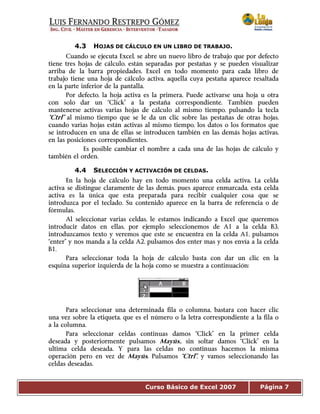 Curso Básico de Excel 2007 Página 7
4.3 HOJAS DE CÁLCULO EN UN LIBRO DE TRABAJO.
Cuando se ejecuta Excel, se abre un nuevo libro de trabajo que por defecto
tiene tres hojas de cálculo, están separadas por pestañas y se pueden visualizar
arriba de la barra propiedades. Excel en todo momento para cada libro de
trabajo tiene una hoja de cálculo activa, aquella cuya pestaña aparece resaltada
en la parte inferior de la pantalla.
Por defecto, la hoja activa es la primera. Puede activarse una hoja u otra
con solo dar un “Click” a la pestaña correspondiente. También pueden
mantenerse activas varias hojas de cálculo al mismo tiempo, pulsando la tecla
“Ctrl” al mismo tiempo que se le da un clic sobre las pestañas de otras hojas,
cuando varias hojas están activas al mismo tiempo, los datos o los formatos que
se introducen en una de ellas se introducen también en las demás hojas activas,
en las posiciones correspondientes.
Es posible cambiar el nombre a cada una de las hojas de cálculo y
también el orden.
4.4 SELECCIÓN Y ACTIVACIÓN DE CELDAS.
En la hoja de cálculo hay en todo momento una celda activa. La celda
activa se distingue claramente de las demás, pues aparece enmarcada, esta celda
activa es la única que esta preparada para recibir cualquier cosa que se
introduzca por el teclado. Su contenido aparece en la barra de referencia o de
fórmulas.
Al seleccionar varias celdas, le estamos indicando a Excel que queremos
introducir datos en ellas, por ejemplo seleccionemos de A1 a la celda B3,
introduzcamos texto y veremos que este se encuentra en la celda A1, pulsamos
“enter” y nos manda a la celda A2, pulsamos dos enter mas y nos envía a la celda
B1.
Para seleccionar toda la hoja de cálculo basta con dar un clic en la
esquina superior izquierda de la hoja como se muestra a continuación:
Para seleccionar una determinada fila o columna, bastara con hacer clic
una vez sobre la etiqueta, que es el número o la letra correspondiente a la fila o
a la columna.
Para seleccionar celdas continuas damos “Click” en la primer celda
deseada y posteriormente pulsamos Mayús., sin soltar damos “Click” en la
ultima celda deseada. Y para las celdas no continuas hacemos la misma
operación pero en vez de Mayús. Pulsamos “Ctrl”, y vamos seleccionando las
celdas deseadas.
 