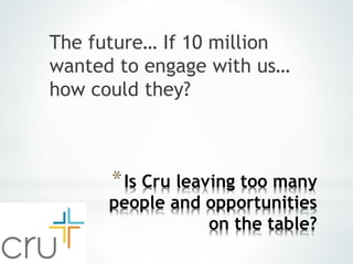 The future… If 10 million 
wanted to engage with us… 
how could they? 
*Is Cru leaving too many 
people and opportunities 
on the table? 
 