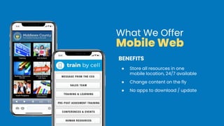 BENEFITS
● Store all resources in one
mobile location, 24/7 available
● Change content on the fly
● No apps to download / update
What We Offer
Mobile Web
 
