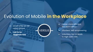 Evolution of Mobile in the Workplace
● Email is like an old
rotary phone
● Low to no
response rate
● Faster, more efficient,
fire alarm effect
● Effortless, self-empowering
● Voluntary Opt-In leads
to high open rate
VERSUS
 