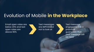 Evolution of Mobile in the Workplace
Email open rates are
below 20% and text
open rates are
above 90%
Text messages
are IMPOSSIBLE
not to look at
Text message
engagement is a
practical
guarantee that
your message will
be read
 
