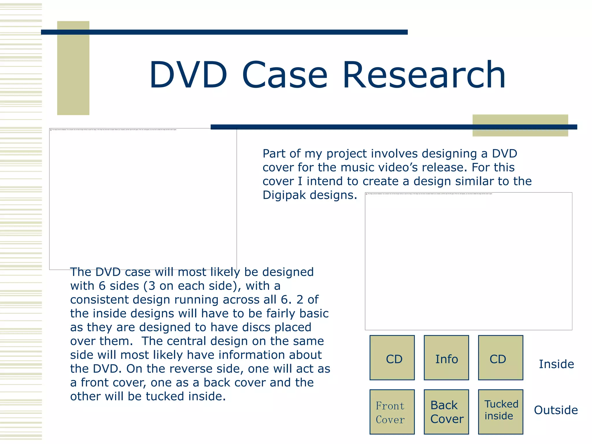 DVD Case Research
                                  Part of my project involves designing a DVD
                                  cover for the music video‟s release. For this
                                  cover I intend to create a design similar to the
                                  Digipak designs.




The DVD case will most likely be designed
with 6 sides (3 on each side), with a
consistent design running across all 6. 2 of
the inside designs will have to be fairly basic
as they are designed to have discs placed
over them. The central design on the same
side will most likely have information about           CD       Info      CD
the DVD. On the reverse side, one will act as                                        Inside
a front cover, one as a back cover and the
other will be tucked inside.
                                                      Front    Back      Tucked
                                                                                     Outside
                                                      Cover    Cover     inside
 