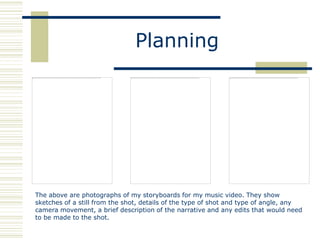 Planning




The above are photographs of my storyboards for my music video. They show
sketches of a still from the shot, details of the type of shot and type of angle, any
camera movement, a brief description of the narrative and any edits that would need
to be made to the shot.
 