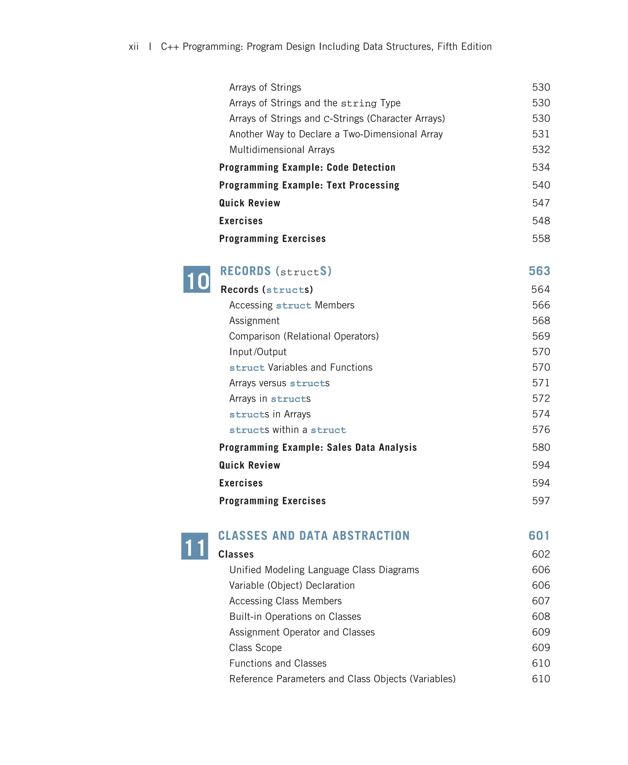 Arrays of Strings 530 Arrays of Strings and the string Type 530 Arrays of Strings and C-Strings (Character Arrays) 530 Another Way to Declare a Two-Dimensional Array 531 Multidimensional Arrays 532 Programming Example: Code Detection 534 Programming Example: Text Processing 540 Quick Review 547 Exercises 548 Programming Exercises 558 RECORDS (structS) 563 Records (structs) 564 Accessing struct Members 566 Assignment 568 Comparison (Relational Operators) 569 Input /Output 570 struct Variables and Functions 570 Arrays versus structs 571 Arrays in structs 572 structs in Arrays 574 structs within a struct 576 Programming Example: Sales Data Analysis 580 Quick Review 594 Exercises 594 Programming Exercises 597 CLASSES AND DATA ABSTRACTION 601 Classes 602 Unified Modeling Language Class Diagrams 606 Variable (Object) Declaration 606 Accessing Class Members 607 Built-in Operations on Classes 608 Assignment Operator and Classes 609 Class Scope 609 Functions and Classes 610 Reference Parameters and Class Objects (Variables) 610 10 11 xii | C++ Programming: Program Design Including Data Structures, Fifth Edition 