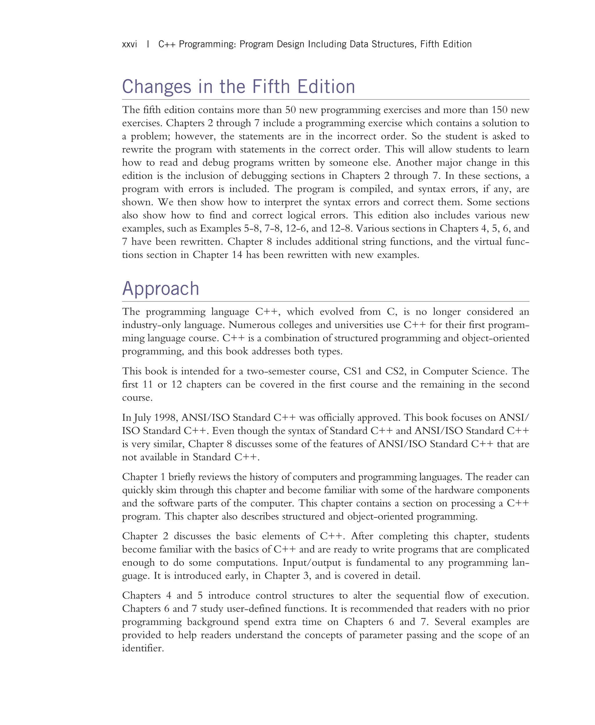 Changes in the Fifth Edition The fifth edition contains more than 50 new programming exercises and more than 150 new exercises. Chapters 2 through 7 include a programming exercise which contains a solution to a problem; however, the statements are in the incorrect order. So the student is asked to rewrite the program with statements in the correct order. This will allow students to learn how to read and debug programs written by someone else. Another major change in this edition is the inclusion of debugging sections in Chapters 2 through 7. In these sections, a program with errors is included. The program is compiled, and syntax errors, if any, are shown. We then show how to interpret the syntax errors and correct them. Some sections also show how to find and correct logical errors. This edition also includes various new examples, such as Examples 5-8, 7-8, 12-6, and 12-8. Various sections in Chapters 4, 5, 6, and 7 have been rewritten. Chapter 8 includes additional string functions, and the virtual func- tions section in Chapter 14 has been rewritten with new examples. Approach The programming language C++, which evolved from C, is no longer considered an industry-only language. Numerous colleges and universities use C++ for their first program- ming language course. C++ is a combination of structured programming and object-oriented programming, and this book addresses both types. This book is intended for a two-semester course, CS1 and CS2, in Computer Science. The first 11 or 12 chapters can be covered in the first course and the remaining in the second course. In July 1998, ANSI/ISO Standard C++ was officially approved. This book focuses on ANSI/ ISO Standard C++. Even though the syntax of Standard C++ and ANSI/ISO Standard C++ is very similar, Chapter 8 discusses some of the features of ANSI/ISO Standard C++ that are not available in Standard C++. Chapter 1 briefly reviews the history of computers and programming languages. The reader can quickly skim through this chapter and become familiar with some of the hardware components and the software parts of the computer. This chapter contains a section on processing a C++ program. This chapter also describes structured and object-oriented programming. Chapter 2 discusses the basic elements of C++. After completing this chapter, students become familiar with the basics of C++ and are ready to write programs that are complicated enough to do some computations. Input/output is fundamental to any programming lan- guage. It is introduced early, in Chapter 3, and is covered in detail. Chapters 4 and 5 introduce control structures to alter the sequential flow of execution. Chapters 6 and 7 study user-defined functions. It is recommended that readers with no prior programming background spend extra time on Chapters 6 and 7. Several examples are provided to help readers understand the concepts of parameter passing and the scope of an identifier. xxvi | C++ Programming: Program Design Including Data Structures, Fifth Edition 