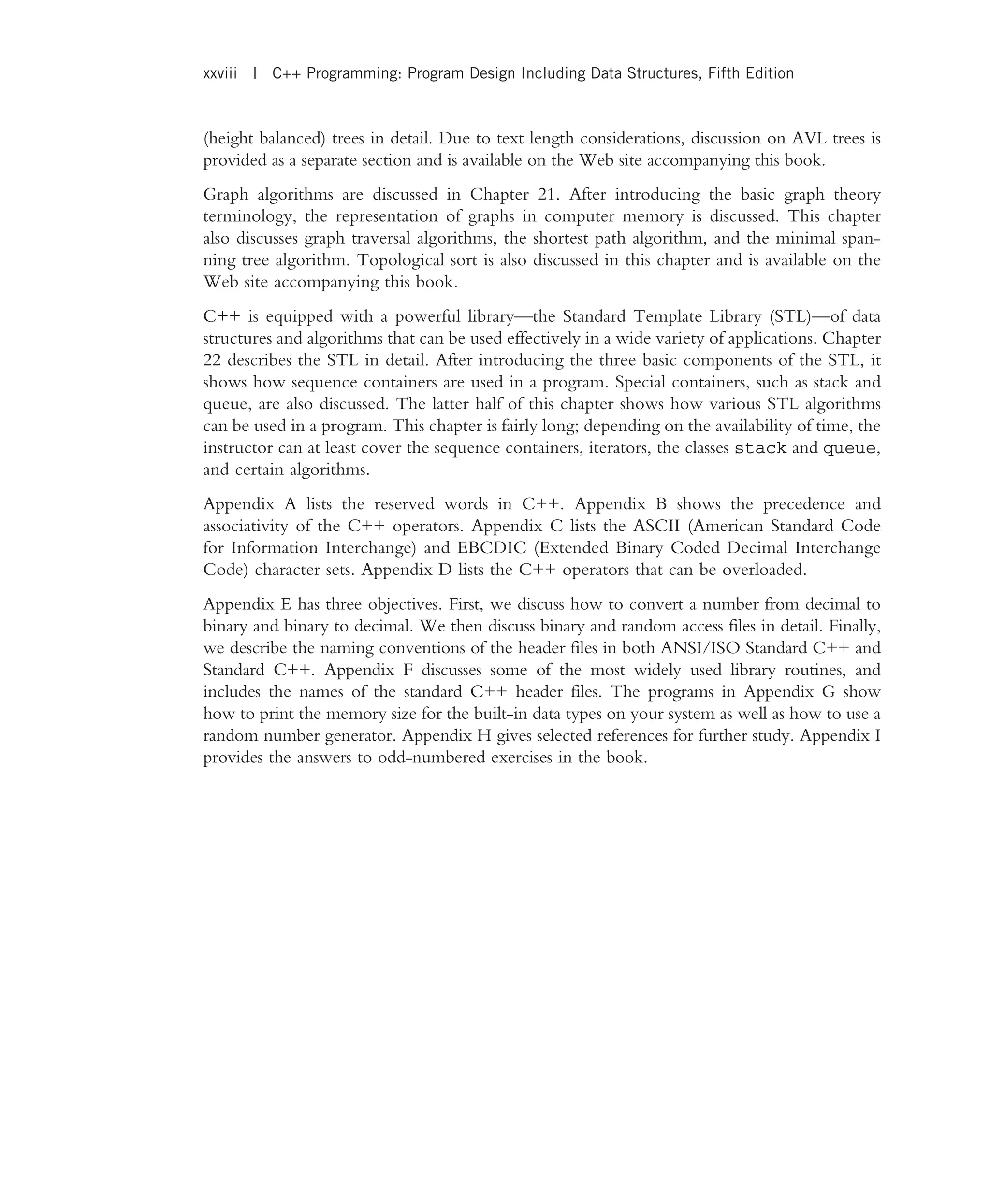 (height balanced) trees in detail. Due to text length considerations, discussion on AVL trees is provided as a separate section and is available on the Web site accompanying this book. Graph algorithms are discussed in Chapter 21. After introducing the basic graph theory terminology, the representation of graphs in computer memory is discussed. This chapter also discusses graph traversal algorithms, the shortest path algorithm, and the minimal span- ning tree algorithm. Topological sort is also discussed in this chapter and is available on the Web site accompanying this book. C++ is equipped with a powerful library—the Standard Template Library (STL)—of data structures and algorithms that can be used effectively in a wide variety of applications. Chapter 22 describes the STL in detail. After introducing the three basic components of the STL, it shows how sequence containers are used in a program. Special containers, such as stack and queue, are also discussed. The latter half of this chapter shows how various STL algorithms can be used in a program. This chapter is fairly long; depending on the availability of time, the instructor can at least cover the sequence containers, iterators, the classes stack and queue, and certain algorithms. Appendix A lists the reserved words in C++. Appendix B shows the precedence and associativity of the C++ operators. Appendix C lists the ASCII (American Standard Code for Information Interchange) and EBCDIC (Extended Binary Coded Decimal Interchange Code) character sets. Appendix D lists the C++ operators that can be overloaded. Appendix E has three objectives. First, we discuss how to convert a number from decimal to binary and binary to decimal. We then discuss binary and random access files in detail. Finally, we describe the naming conventions of the header files in both ANSI/ISO Standard C++ and Standard C++. Appendix F discusses some of the most widely used library routines, and includes the names of the standard C++ header files. The programs in Appendix G show how to print the memory size for the built-in data types on your system as well as how to use a random number generator. Appendix H gives selected references for further study. Appendix I provides the answers to odd-numbered exercises in the book. xxviii | C++ Programming: Program Design Including Data Structures, Fifth Edition 