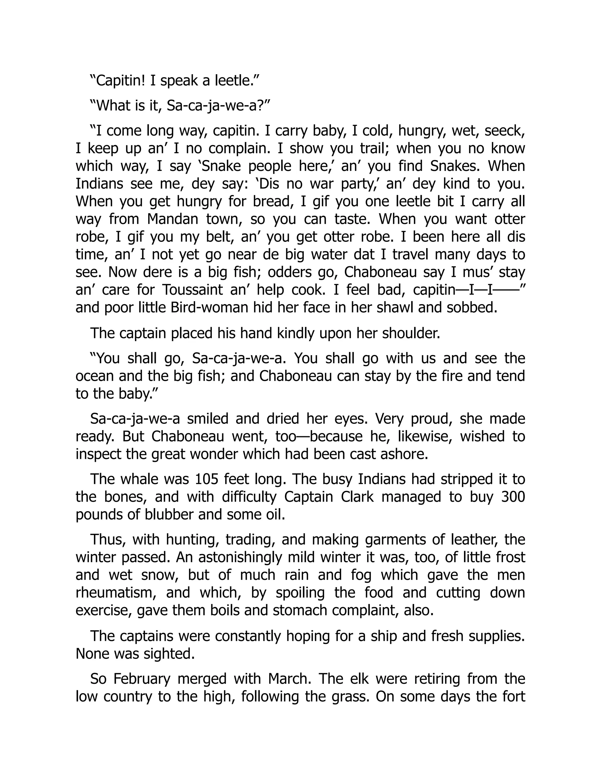 “Capitin! I speak a leetle.” “What is it, Sa-ca-ja-we-a?” “I come long way, capitin. I carry baby, I cold, hungry, wet, seeck, I keep up an’ I no complain. I show you trail; when you no know which way, I say ‘Snake people here,’ an’ you find Snakes. When Indians see me, dey say: ‘Dis no war party,’ an’ dey kind to you. When you get hungry for bread, I gif you one leetle bit I carry all way from Mandan town, so you can taste. When you want otter robe, I gif you my belt, an’ you get otter robe. I been here all dis time, an’ I not yet go near de big water dat I travel many days to see. Now dere is a big fish; odders go, Chaboneau say I mus’ stay an’ care for Toussaint an’ help cook. I feel bad, capitin—I—I——” and poor little Bird-woman hid her face in her shawl and sobbed. The captain placed his hand kindly upon her shoulder. “You shall go, Sa-ca-ja-we-a. You shall go with us and see the ocean and the big fish; and Chaboneau can stay by the fire and tend to the baby.” Sa-ca-ja-we-a smiled and dried her eyes. Very proud, she made ready. But Chaboneau went, too—because he, likewise, wished to inspect the great wonder which had been cast ashore. The whale was 105 feet long. The busy Indians had stripped it to the bones, and with difficulty Captain Clark managed to buy 300 pounds of blubber and some oil. Thus, with hunting, trading, and making garments of leather, the winter passed. An astonishingly mild winter it was, too, of little frost and wet snow, but of much rain and fog which gave the men rheumatism, and which, by spoiling the food and cutting down exercise, gave them boils and stomach complaint, also. The captains were constantly hoping for a ship and fresh supplies. None was sighted. So February merged with March. The elk were retiring from the low country to the high, following the grass. On some days the fort 
