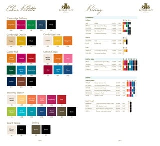 | 34 | | 35 |
CAMBRIDGE
Saffiano
234
236
48
212
01
AVA Wallet 73-6513 $49
BRYCE Zip-closure Handbag 71-6504 $109
MARISOL Rectangle Handbag 71-6490 $125
TEAGAN Zip-closure Tote 71-6502 $109
VIVIENNE Crossbody Handbag 71-6512 $105
Ostrich
235
231
DELANEY Tote 71-6515 $185
ESME Buckle Bag 71-6509 $188
Luxe
229
231
234
ANGELA Convertible Handbag 71-6506 $110
CHELSEA Two-tone Handbag 71-6511 $120
CASTLE WALL
BRYN Small Crossbody Handbag 71-6505 $95
JEANNE Clutch Wristlet 33-6463 $45
MERRI Crossbody Handbag 71-6465 $139
ROBBYN Wallet 73-6464 $39
Lizard Keeps®
54
01
BARBARA Large Five-drawer Jewelry Chest 36-6384 $99
DEDE XXL Jewelry Trunk 36-5324 $249
FLORENCE Barrel-shaped Jewelry Keep®
36-4459 $70
MERYL Dresser-top Jewelry Keep®
36-4312 $65
Pricing
KEEPS®
Ostrich Keeps®
60
65
12
221
212
54
AMELIA Square Jewelry Box 36-6478 $65
BETHANY Zip-closure Jewelry Pouch 36-6483 $35
DIEDRE Large Jewelry Trunk 36-6476 $129
FALLON Barrel-shaped Jewelry Keep®
36-6477 $70
MCKENNA XL Jewelry Trunk 36-6481 $225
LYDIA Jewlery Clutch 36-6535 $38
Black
01
Taupe
235
Saffron
231
Cambridge Ostrich
Cream
229
Saffron
231
Tangerine
234
Cambridge Luxe
Black
01
Tangerine
234
Watermelon
236
Navy
212
Cambridge Saffiano
Emerald
48
Black
01
Castle Wall
Scarlett
215
Burnt
Orange
218
Fuschia
74
Forest
219
Bluemarine
220
Indigo
217
Chestnut
216
Color Palette
Lizard Keeps
Black
01
Winter
White
54
Ostrich Keeps
Pink
60
Orange
Red
65
Winter
White
54
Navy
221 212
French
Blue
12
Stirling
Brown
02 01
Black
Waverley Station
Sugar
Coral
268
Mandarin
Orange
211
Teal
210
Cornsilk
Yellow
209
Blue
Curacao
208
Brown
02
Black
01
Red
12
Winter
White
54
Highland
Green
13
Royal
Purple
213
Raspberry
206
Navy
212
221
French
Blue
01
218
74
215
219
220
221
217
216
01
 