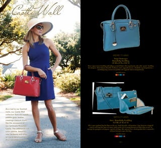 | 10 | | 11 |
Castle Wall
As a nod to our Scottish
roots, our Castle Wall
collection features supple,
pebble-grain leather,
creating a texture much
like the stonework of
our namesake Rowallan
Castle. The additional rich
color palette, beautiful
new hardware and other
on-trend details enhance
this irresistible collection.
Merri 71-6465
Large Rectangle
Crossbody Handbag
14"W x 5”D x 10.5"H
Merri is your classic handbag with today’s on-trend details. An early favorite, she is the “go-to” handbag
for everyone. Merri features beautiful hardware, metal-zippered closure, a backside zip compartment, a
crossbody strap, convenient pockets and zippered interior compartments.
available colors:
BRYN 71-6505
Small Crossbody Handbag
7.5"W x 2"D x 7"H
This is your perfect bag for days on the run. Both beautiful and practical, Bryn features a toggled
closure and flap that open to reveal credit card and ID compartments on both sides as well as
storage for passport and papers, lipstick and keys. The exterior has a back pocket that is accessible
without having to open the bag.
available colors:
 