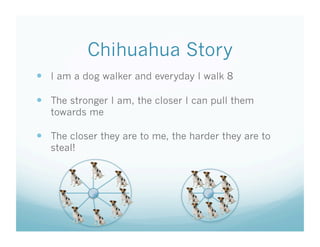 Chihuahua Story
  I am a dog walker and everyday I walk 8

  The stronger I am, the closer I can pull them
   towards me

  The closer they are to me, the harder they are to
   steal!
 