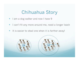 Chihuahua Story
  I am a dog walker and now I have 9

  I can’t fit any more around me, need a longer leash

  It is easier to steal one when it is farther away!
 