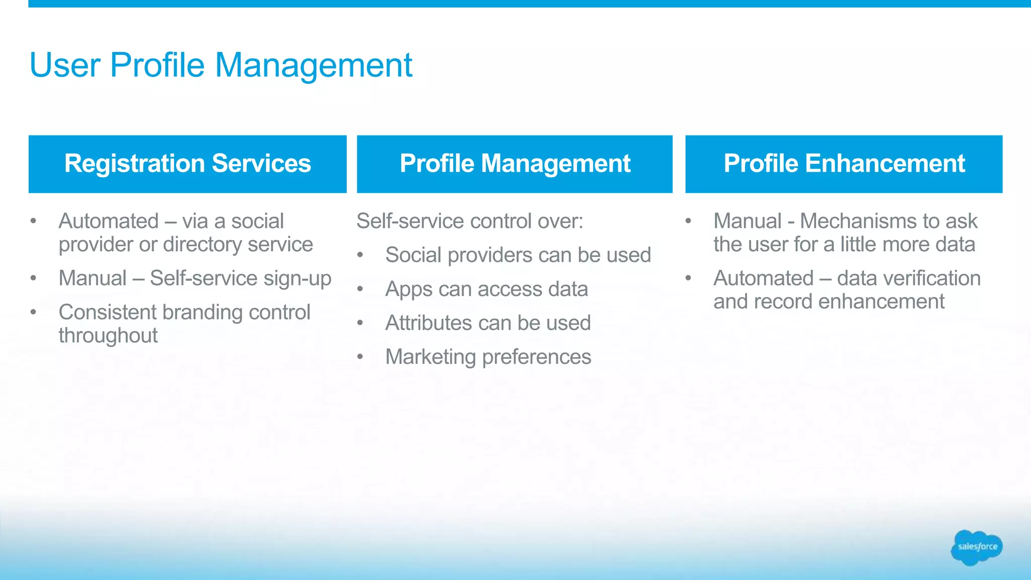 • Automated – via a social
provider or directory service
• Manual – Self-service sign-up
• Consistent branding control
throughout
Self-service control over:
• Social providers can be used
• Apps can access data
• Attributes can be used
• Marketing preferences
• Manual - Mechanisms to ask
the user for a little more data
• Automated – data verification
and record enhancement
Registration Services Profile Management Profile Enhancement
User Profile Management
 