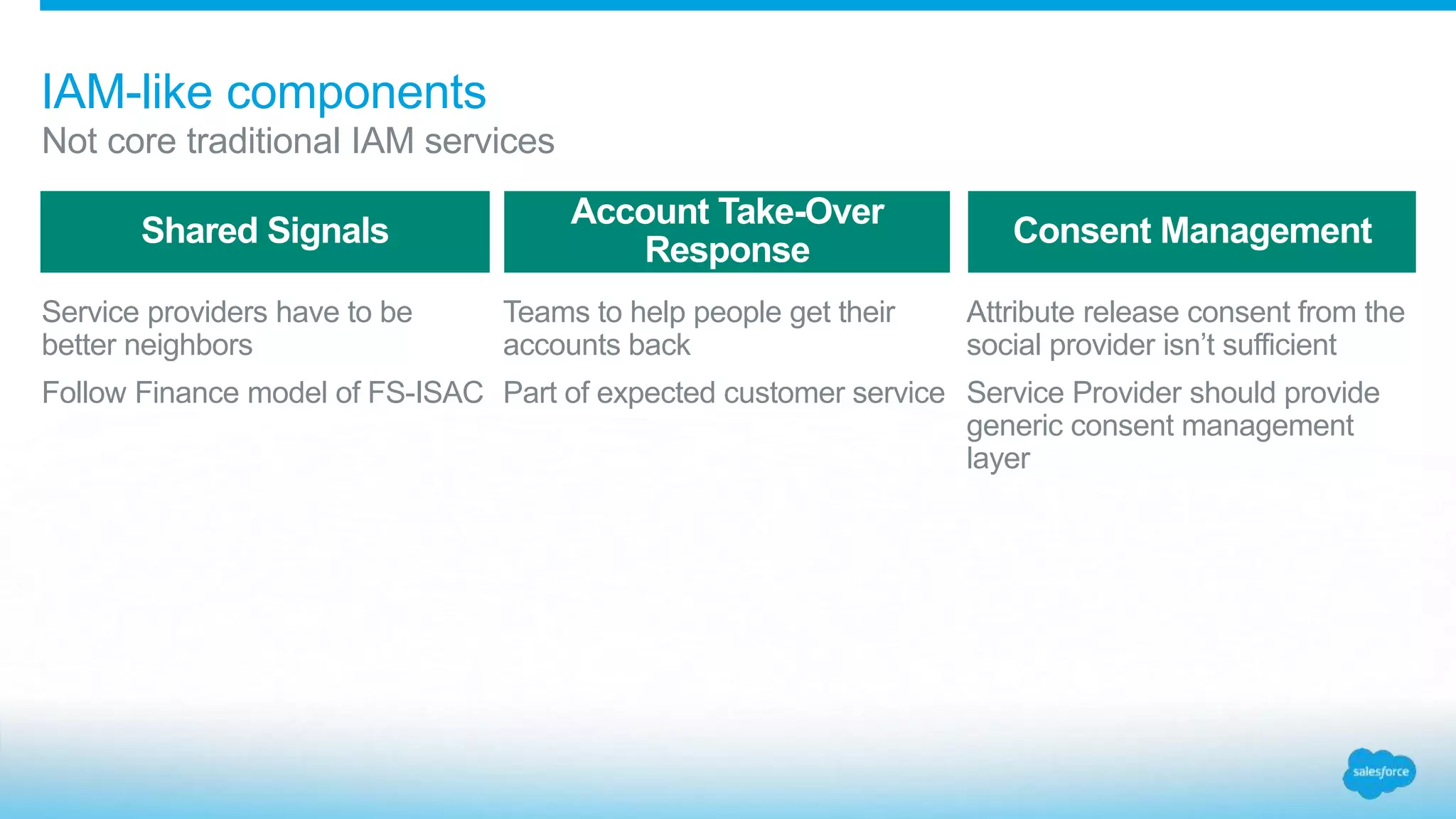 Service providers have to be
better neighbors
Follow Finance model of FS-ISAC
Teams to help people get their
accounts back
Part of expected customer service
Attribute release consent from the
social provider isn’t sufficient
Service Provider should provide
generic consent management
layer
Shared Signals
Account Take-Over
Response
Consent Management
IAM-like components
Not core traditional IAM services
 