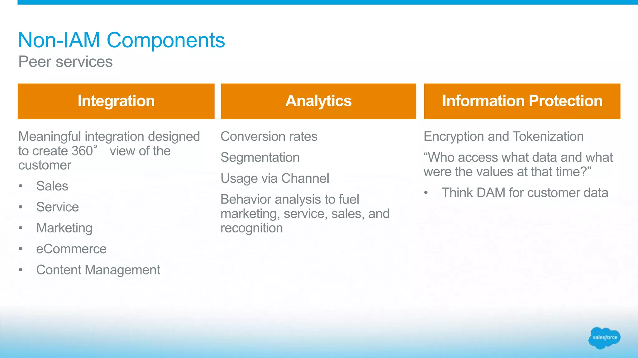 Meaningful integration designed
to create 360° view of the
customer
• Sales
• Service
• Marketing
• eCommerce
• Content Management
Conversion rates
Segmentation
Usage via Channel
Behavior analysis to fuel
marketing, service, sales, and
recognition
Encryption and Tokenization
“Who access what data and what
were the values at that time?”
• Think DAM for customer data
Integration Analytics Information Protection
Non-IAM Components
Peer services
 