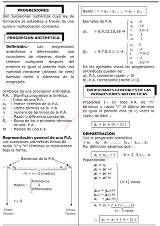 ÁLGEBRA
Son Sucesiones numéricas cuya ley de
formación se establece a través de una
suma o multiplicación constante.
Definición.- Las progresiones
aritméticas o diferenciales son
sucesiones de números donde un
término cualquiera después del
primero es igual al anterior más una
cantidad constante (distinta de cero)
llamada razón o diferencia de la
progresión.
Símbolos de una progresión aritmética.
P.A. : Significa progresión aritmética.
÷ : Inicio de una P.A.
a1 : Primer término de la P.A.
an : último término de la P.A.
n : número de términos de la P.A.
r : Razón o diferencia constante.
Sn : Suma de los n primeros términos
de una P.A.
m : Medios de una P.A.
Representación general de una P.A.
Las sucesiones aritméticas finitas de
razón “r” y “n” términos se representan
bajo la forma.
Extremos de la P.A.
÷ a1. a2 ................................. an-1; an
m = n – 2 (medios)
Aritméticos
Medios : ó
Diferenciales
r ≠ 0
Razón : r = a2 – a1 ..... = an – an-1
Ejemplos de P.A.
a). ÷ 6.9.12.15.18
b). ÷ 9.7.5.3.1.-1
De los ejemplos vistos las progresiones
aritméticas pueden ser :
a). P.A. creciente (razón > 0)
b). P.A. Decreciente (razón < 0)
Propiedad 1.- En toda P.A. de “n”
términos y razón “r” el último término
es igual al primero más (n-1) veces la
razón, es decir :
an = a1 + (n – 1) r
DEMOSTRACION
Sea la progresión aritmética
÷ a1 . a2 . a3 ......... an-2 . an-1 . an
Por definición sabemos que :
ak = ak-1 + r K = 2, 3,4,....n
Expandiendo :
a1 = a1
a2 = a1 +r
a3 = a2 +r
a4 = a3 +r
. (n-1) veces
.
an-2 = an-3+r
an-1 = an-2+r
an = an-1+r
an = a1 + r + r+......+r
∴∴∴∴ an = a1 + ( n – 1) r
PROGRESIONES
PROGRESION ARITMETICA
Primer
Término
Último
Término
a1 : 6
an : 18
r : 9-6=3
n : 5
m : 3
a1 : 9
an : -1
r : 7-9=2
n : 6
m : 6-2=4
PROPIEDADES GENERALES DE LAS
PROGRESIONES ARITMETICAS
(n – 1) veces
w
w
w
.M
atem
atica1.com
 