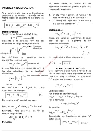 ÁLGEBRA
IDENTIDAD FUNDAMENTAL Nº 3
Si al número y a la base de un logaritmo se
potencian o se extraen radicales de un
mismo índice, el logaritmo no se altera, es
decir:
n bmb
LogLogLog nm
b
aaa ==
Demostración:
Sabemos por la identidad Nº 2 que:
a = (1)............
abLog
b
Elevando a la potencia “m” los dos
miembros de la igualdad, se obtiene.
a
b
Log
mm
ba



=
Por definición de logaritmo como
exponente, tenemos que:
m
b
aa
mb
LogLog = .......... (α)
de otro lado en ... (1) extraemos la n a
los dos miembros de la igualdad,
obteniendo:
[ ]
a
n
b
Log
n
ba =
Por definición de logaritmo como
exponente, vemos que:
n
b
aLogLog nb
a = .......... (ß)
De ... (α) y .. (β) concluimos que:
m
b
aa
mb
LogLog = n
b
aLog n
= L.q.q.d.
Ejemplo.- Para que valor de “x” se
cumple la igualdad:
9xLogLog 3
4
=+x
3 2
Solución
En estos casos las bases de los
logaritmos deben ser iguales y para eso
hacemos lo siguiente:
1. En el primer logaritmo el número y la
base lo elevamos al exponente 3.
2. En el segundo logaritmo al número y
a la base le extraemos
Obteniendo:
9xLogLog 3
=+
2
3
2
x
Como una suma de logaritmos de igual
base es igual al logaritmo de un
producto, entonces:
9333
2xx9xLog =→=3
2
x
9
2
9
2x =
de donde al simplificar obtenemos:
2x
2
1
= → x = 4
IDENTIDAD FUNDAMENTAL Nº 4
Si el logaritmo de un número “a” en base
“b” se encuentra como exponente de una
base c (c > o); el número “a” y la base
“c” se pueden permutar, es decir:
cbLogabLog
a=c
Demostración:
Por identidad sabemos que:
aLogcLogcLogaLog bbbb •• =
Por la fórmula:
b
cc
aLogaLog =b
Se tendría:
c
b
Log
b
a
b
Log
b
alogclog =
Cancelando los logaritmos en base “b”
obtenemos:
cbLogabLog
a=c L.q.q.d
baseNúmero
Exponente
o logaritmo
Exponente o logaritmo
baseNúmero
w
w
w
.M
atem
atica1.com
 