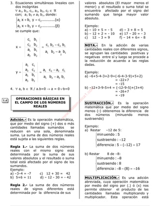 ALGEBRA
OPERACIONES BÁSICAS EN
EL CAMPO DE LOS NÚMEROS
REALES
3. Ecuaciones simultáneas lineales con
dos incógnitas
∀ a1, b1, c1, a2, b2, c2 ∈ ℜ
con; a1 b2 ≠ a2 b1, donde:




β=+
α=+
).(..........cybxa
).(..........cybxa
222
111
se cumple que:
1
2
21
1221
22
11
22
11
baba
bcbc
ba
ba
bc
bc
x
−
−
==
1221
1221
22
11
22
11
baba
caca
ba
ba
ca
ca
y
−
−
==
4. ∀ a, b ∈ ℜ / a.b=0 → a = 0 ∨ b=0
Adición.- Es la operación matemática,
que por medio del signo (+) dos o más
cantidades llamadas sumandos se
reducen en una sola, denominada
suma. La suma de dos números reales
está sujeta a las siguientes reglas.
Regla 1.- La suma de dos números
reales con el mismo signo está
determinada por la suma de sus
valores absolutos y el resultado o suma
total está afectado por el signo de los
sumandos.
Ejemplo:
a) –3–4 = -7 c) 12 + 30 = 42
b) 5+6 = 11 d) – 12 - 30 = - 42
Regla 2.- La suma de dos números
reales de signos diferentes está
determinada por la diferencia de sus
valores absolutos (El mayor menos el
menor) y el resultado o suma total se
encuentra afectado por el signo del
sumando que tenga mayor valor
absoluto.
Ejemplo:
a) – 10 + 5 = - 5 d) – 3 + 8 = 5
b) – 12 + 2 = - 10 e) 17 – 20 = - 3
c) 12 - 3 = 9 f) – 14 + 6= - 8
NOTA.- En la adición de varias
cantidades reales con diferentes signos,
se agrupan las cantidades positivas y
negativas entre sí y luego se procede a
la reducción de acuerdo a las reglas
dadas.
Ejemplo:
a) –6+5-4-3+2-9=(-6-4-3-9)+5+2)
= -22+7
= -15
b) –12+3-9-5+4 = (-12-9-5)+(3+4)
= -26+7
= -19
SUSTRACCIÓN.- Es la operación
matemática que por medio del signo
menos (-) obtenemos la diferencia de
dos números (minuendo menos
sustraendo)
Ejemplo:
a) Restar –12 de 5:





=−−
−
17)12(5:diferencia
12:sustraendo
5:uendomin
b) Restar 8 de –8:





−=−−
−
16)8(8:diferencia
8:sustraendo
8:uendomin
MULTIPLICACIÓN.- Es una adición
abreviada, cuya operación matemática
por medio del signo por (.) ó (x) nos
permite obtener el producto de las
cantidades llamadas multiplicando y
multiplicador. Esta operación está
1.4
w
w
w
.M
atem
atica1.com
 