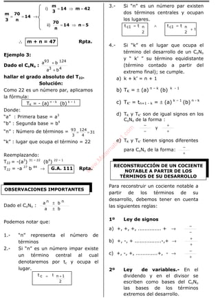 5n14
n
70
42m14
3
m
14
n
70
3
m
=⇒=
=⇒=
→==
)ii
)i
∴∴∴∴ m + n = 47 Rpta.
Ejemplo 3:
Dado el CoNo :
43
12493
ba
ba
+
+
hallar el grado absoluto del T22.
Solución:
Como 22 es un número par, aplicamos
la fórmula:
TK = - (a) n - k
(b) k – 1
Donde:
“a” : Primera base = a3
“b” : Segunda base = b4
“n” : Número de términos = 31
4
124
3
93
==
“k” : lugar que ocupa el término = 22
Reemplazando:
T22 = -(a3
) 31 – 22
(b4
) 22 – 1
T22 = -a 27
b 84
→ G.A. 111 Rpta.
Dado el CoNo :
ba
ba nn
±
±
Podemos notar que:
1.- “n” representa el número de
términos
2.- Si “n” es un número impar existe
un término central al cual
denotaremos por tc y ocupa el
lugar.
2
1nct += t
3.- Si “n” es un número par existen
dos términos centrales y ocupan
los lugares.
1
2
nc1
2
nc1 tttt
+
=∧=
4.- Si “k” es el lugar que ocupa el
término del desarrollo de un CoNo
y “ k’ ” su término equidistante
(término contado a partir del
extremo final); se cumple.
a) k + k’ = n + 1
b) TK = ± (a) n – k
(b) k - 1
c) TK’ = tn+1 - k = ± (a) k – 1
(b) n - k
d) TK y TK’ son de igual signos en los
CoNo de la forma :
+
+
−
−
y
e) TK y TK’ tienen signos diferentes
para CoNo de la forma:
+
−
Para reconstruir un cociente notable a
partir de los términos de su
desarrollo, debemos tener en cuenta
las siguientes reglas:
1º Ley de signos
a) +, +, +, .............. + →
−
−
b) +, -, + ................-,+ →
+
+
c) +, -, +, .............+, - →
+
−
2º Ley de variables.- En el
dividendo y en el divisor se
escriben como bases del CoNo
las bases de los términos
extremos del desarrollo.
OBSERVACIONES IMPORTANTES
RECONSTRUCCIÓN DE UN COCIENTE
NOTABLE A PARTIR DE LOS
TÉRMINOS DE SU DESARROLLO
w
w
w
.M
atem
atica1.com
 
