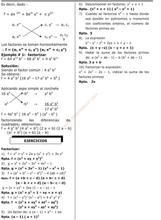 Es decir, dado :
f = ax 2m
+ bxm
yn
+ c y2n
a1 xm
c1 yn
→ a2 c1
a2 xm
c2 yn
→
b
ca 21
Los factores se toman horizontalmente
∴∴∴∴ f = (a1 xm
+ c1 yn
) (a2 xm
+ c2 yn
)
Ejemplo # 1: factorizar
f = 64 a12
b3
– 68 a8
b7
+ 4 a4
b11
Solución:
Siendo el factor común : 4 a4
b3
Se obtiene:
f = 4 a4
b3
[16 a8
– 17 a4
b4
+ b8
]
Aplicando aspa simple al corchete
16 a4
-b4
→ a4
b4
a4
-b4
→ 16 a4
b4
17 a4
b4
f = 4a4
b3
( 16 a4
– b4
) (a4
- b4
)
factorizando las diferencias de
cuadrados; obtenemos:
f = 4 a4
b3
(4 a2
+ b2
) (2 a + b) (2 a – b)
(a2
+ b2
) (a + b) (a – b)
Factorizar:
1) f = x4
+ y4
+ 2x y (x2
+ y2
) + 3x y2
Rpta. f = (x2
+ xy + y2
)2
2) g = x6
+ 2x5
– 3x4
+ 4x2
– 1
Rpta. g = (x3
+ 3x2
– 1) (x3
– x2
+ 1)
3) f = (a2
+ b2
– c2
– d2
)2
– 4 (ab + cd)2
Rpta. f = (a +b + c – d) (a + b– c + d)
(a – b + c + d) (a – b– c – d)
g = (x + y)3
+ 3xy (1 – x – y) – 1
Rpta. g = (x2
+ y2
+ 1 – xy + x + y)
4) f = (z2
– y2
)2
(x2
– a2
) + 4 x2
y2
z2
Rpta. f = (z2
x + xy2
+ az2
– ay2
)
(z2
x + xy2
– az2
+ ay2
)
5) Un factor de: a (a – 1) + a3
– 1 es:
Rpta. (a – 1) ( a + 1)2
6) Descomponer en factores: x5
+ x + 1
Rpta. (x2
+ x + 1) ( x3
– x2
+ 1)
7) Cuando se factoriza x9
– x hasta donde
sea posible en polinomios y monomios
con coeficientes enteros, el número de
factores primos es:
Rpta. 5
8) La expresión
x2
– y2
– z2
+ 2yz + x + y – z
Rpta. (x + y –z) (x – y + z + 1)
9) Hallar la suma de los factores primos
de: a (a2
+ ab - 1) – b (b2
+ ab – 1)
Rpta. 3 a + b
10) Factorizar la expresión:
x4
+ 2x3
– 2x – 1, indicar la suma de los
factores primos:
Rpta. 2x
EJERCICIOS
w
w
w
.M
atem
atica1.com
 