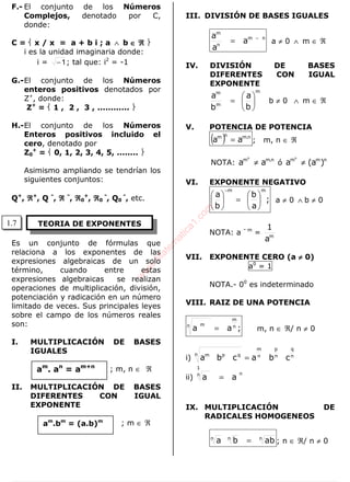 ALGEBRA
TEORIA DE EXPONENTES
am
. an
= am+n
am
.bm
= (a.b)m
F.- El conjunto de los Números
Complejos, denotado por C,
donde:
C =  x / x = a + b i ; a ∧ b ∈∈∈∈ ℜℜℜℜ 
i es la unidad imaginaria donde:
i = 1− ; tal que: i2
= -1
G.-El conjunto de los Números
enteros positivos denotados por
Z+
, donde:
Z+
=  1 , 2 , 3 , ............ 
H.-El conjunto de los Números
Enteros positivos incluido el
cero, denotado por
Z0
+
=  0, 1, 2, 3, 4, 5, ........ 
Asimismo ampliando se tendrían los
siguientes conjuntos:
Q+
, ℜℜℜℜ+
, Q -
, ℜℜℜℜ
-
, ℜℜℜℜ0
+
, ℜℜℜℜ0
-
, Q0
-
, etc.
Es un conjunto de fórmulas que
relaciona a los exponentes de las
expresiones algebraicas de un solo
término, cuando entre estas
expresiones algebraicas se realizan
operaciones de multiplicación, división,
potenciación y radicación en un número
limitado de veces. Sus principales leyes
sobre el campo de los números reales
son:
I. MULTIPLICACIÓN DE BASES
IGUALES
; m, n ∈ ℜ
II. MULTIPLICACIÓN DE BASES
DIFERENTES CON IGUAL
EXPONENTE
; m ∈ ℜ
III. DIVISIÓN DE BASES IGUALES
nm
n
m
a
a
a −
= a ≠ 0 ∧ m ∈ ℜ
IV. DIVISIÓN DE BASES
DIFERENTES CON IGUAL
EXPONENTE
m
m
m
b
a
b
a






= b ≠ 0 ∧ m ∈ ℜ
V. POTENCIA DE POTENCIA
( ) n.mnm
aa = ; m, n ∈ ℜ
NOTA: n.mm
aa
n
≠ ó nmm
)a(a
n
≠
VI. EXPONENTE NEGATIVO
;
a
b
b
a
mm






=





−
a ≠ 0 ∧ b ≠ 0
NOTA: a - m
= m
a
1
VII. EXPONENTE CERO (a ≠≠≠≠ 0)
a0
= 1
NOTA.- 00
es indeterminado
VIII. RAIZ DE UNA POTENCIA
;aa n
m
n m
= m, n ∈ ℜ/ n ≠ 0
i) n
q
n
p
n
m
n qpm
cbacba =
ii)
nn
1
aa =
IX. MULTIPLICACIÓN DE
RADICALES HOMOGENEOS
nnn
abba = ; n ∈ ℜ/ n ≠ 0
1.7
w
w
w
.M
atem
atica1.com
 