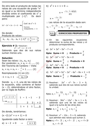 ÁLGEBRA
De otro lado el producto de todas las
raíces de una ecuación de grado “n”
es igual a su término independiente
dividido entre el coeficiente de xn
y
multiplicado por (-1)n
. Es decir
para:
Coef. de x4
= 5
5x4
– 3x3
+ 2x – 3 = 0
Termino
Indepediente. = -3
De donde:
Producto de raíces:
x1 . x2 . x3 . x4 = (-1)4
(-
5
3
) = -
5
3
Ejercicio # 2.- Resolver:
x3
– x2
– x – 2 = 0
Sabiendo que dos de sus raíces
suman menos uno.
Solución:
Sean las raíces: {x1, x2, x3}
Por condición: x1 + x2 = -1 ..... (1)
Del Teorema de Cardano – Vieta
x1 + x2 + x3 = -
1
1−
= 1 ....... (2)
Reemplazando (1) en (2):
-1 + x3 = 1 → x3 = 2
Siendo x3 = 2, una de las raíces de
la ecuación, esta contiene al factor
(x – 2), obteniéndose el otro factor,
por la regla de Ruffini:
1 – 1 – 1 - 2
2 2 + 2
1 + 1 1 0
De donde, tendríamos:
(x –2) (x2
+ x + 1) = 0
Igualando cada factor a cero:
a) x – 2 = 0 → x = 2
b) x2
+ x + 1 = 0 →
x =
)1(2
)1)(1(411 −±−
x =
2
i31±−
∴ Las raíces de la ecuación dada son:
2x;
2
i31-
x;
2
i3-1-
x 321 =
+
==
1) En las siguientes ecuaciones
determinar la suma de las raíces y el
producto correspondiente.
a) 2x7
+ 3x5
– 5x2
– 7 = 0
Rpta: Suma = 0 ; Producto =
2
7
b) 3x9
- 2x8
+ 7x6
– 5x = 0
Rpta: Suma =
3
2
; Producto = 0
c) 4x8
- 5x3
– 2x = 0
Rpta: Suma = 0 ; Producto = 0
d) 7x6
- 2x5
+ 5x4
– 3x3
- 6x2
– 8x + 3 = 0
Rpta: Suma =
7
2
; Producto =
7
3
−
2) Resolver: 2x3
- x2
- 7x - 3 = 0,
sabiendo que dos de sus raíces suman
la unidad.
Rpta:
2
131
1
+
=x ;
2
131
2
−
=x ;
2
1
3 −=x
3) Resolver: 36x3
– 12x2
– 5x + 1 = 0,
sabiendo que una de las raíces es
igual a la suma de las otras dos:
Rpta:
6
1
1 =x ;
2
1
2 =x ;
3
1
3 =x
4) Resolver: x4
– 12x – 5 = 0, sabiendo
que admiten dos raíces que suman 2.
Rpta: 211 +=x ; 212 −=x ; ix 213 +−=
ix 214 −−=
x – 2 = 0
X = 2
EJERCICIOS PROPUESTOS8.11w
w
w
.M
atem
atica1.com
 